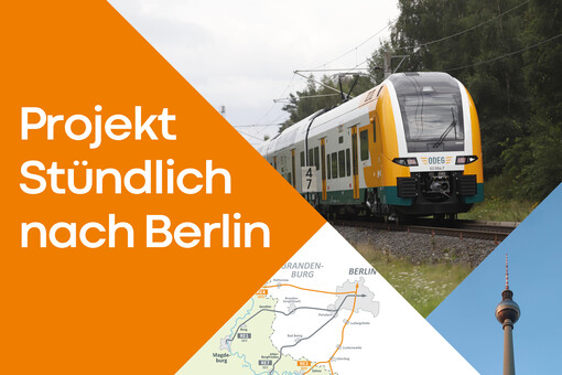Karte der Verbindungen nach Berlin, ein grün-weißer Zug, der Berliner Fernsehturm. Neben den Bildern steht der Schriftzug ‚Projekt Stündlich nach Berlin‘.